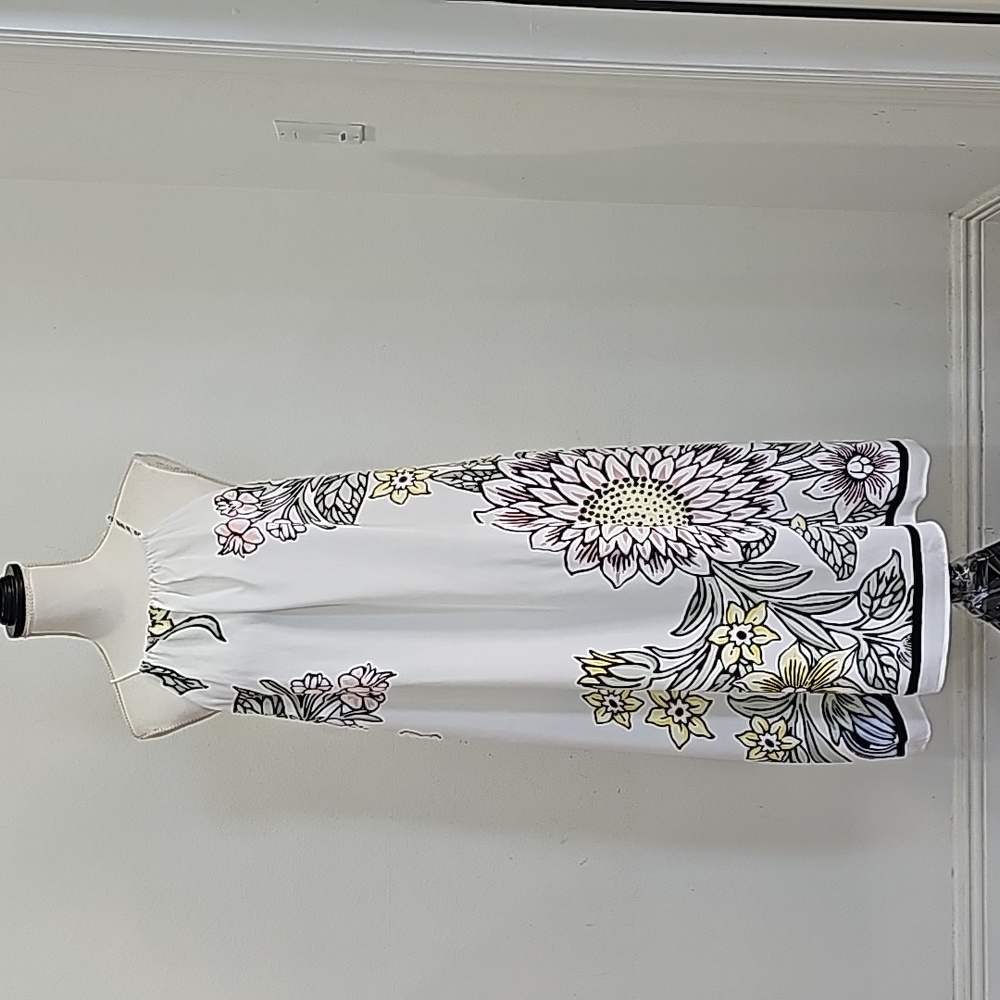 Loft Bold Print Floral Linen Midi Dress White Size M, Mid Calf Boho Style Dress